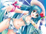  aqua_hair bikini bracelet cloud clouds dutch_angle flower green_eyes hair_flower hair_ornament hat hatsune_miku headset jewelry long_hair navel open_mouth outstretched_arm sky solo striped striped_bikini striped_swimsuit sun_hat suzui_narumi swimsuit twintails very_long_hair vocaloid water wet 