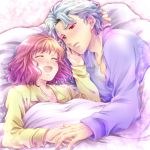  1girl :d ^_^ bed blue_hair blush closed_eyes collarbone couple eyes_closed hand_on_another&#039;s_face hand_on_another's_face lying on_back on_side open_mouth pajamas protagonist_(tokimemo_gs3) red_eyes red_hair redhead sahannji shitara_seiji short_hair smile tokimeki_memorial tokimeki_memorial_girl&#039;s_side_3rd_story tokimeki_memorial_girl's_side_3rd_story under_covers 