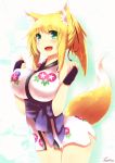  absurdres animal_ears blonde_hair bottomless breasts bridal_gauntlets dog_days fox_ears fox_tail green_eyes highres large_breasts long_hair naomi_(sekai_no_hate_no_kissaten) open_mouth sash shiny shiny_skin simple_background sleeveless smile solo tail thigh_gap yukikaze_panettone 