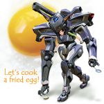  black_hair cannon cockpit cooking egg english fried_egg frying_pan gloves green_eyes holding igunuk lifting long_hair mecha original power_armor power_suit realistic science_fiction shadow skin_tight solo text weapon white_gloves 