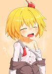  ascot blonde_hair blush closed_eyes eyes_closed fan fang hecchi_(blanch) off_shoulder open_mouth rumia short_hair solo steam sweat touhou wet wet_clothes wet_shirt 