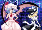  apron ascot bat_wings blonde_hair blue_hair bow braid broom fang hat hat_bow hat_ribbon highres ikeda_jun_(aquaqua) jewelry kirisame_marisa multiple_girls open_mouth puffy_sleeves red_eyes remilia_scarlet ribbon short_hair short_sleeves side_braid single_braid touhou vampire wings wink witch witch_hat yellow_eyes 