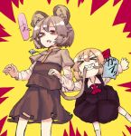 &gt;_&lt; animal_ears biting blonde_hair blush capelet grey_hair hat hat_ribbon jewelry long_sleeves mouse_ears mouse_tail multiple_girls nazrin necktie open_mouth outstretched_arms pendant red_eyes ribbon rumia short_hair tail tail_biting touhou yunuki_uta