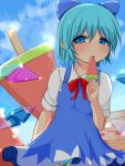  bad_id blue_eyes blue_hair bow cirno dress food fruit goyouga-deann hair_bow ice ice_wings licking panties popsicle ribbon sand short_hair short_sleeves solo touhou underwear watermelon wings 