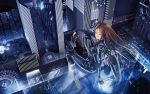  android arm_support blue_eyes bodysuit brown_hair building city cityscape cyberpunk cyborg from_above gun hair_ribbon handgun long_hair looking_back original power_suit redjuice ribbon science_fiction sitting smile solo weapon wind 