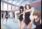  6+girls amagami barefoot black_hair brown_hair competition_swimsuit competitive_swimsuit extra glasses goggles goggles_on_head kurosawa_noriko long_hair multiple_girls one-piece_swimsuit railing short_hair stretch swim_cap swimsuit wiori_(mashiro_miracle) |_| 
