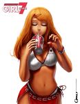  bangs bra bra_pull bracelet breasts cleavage closed_eyes dark_skin eyes_closed eyeshadow ganguro girl7 hair_ornament hairclip jewelry large_breasts lipstick makeup mole nail_polish navel omar_dogan open_clothes orange_hair original panties paper_cup signature simple_background sipping solo strap_lift straw underwear wide_hips 