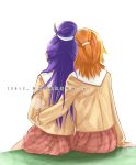  ana_tea blonde_hair chinese from_behind futari_wa_precure_splash_star hug hyuuga_saki leaning_on_person long_hair mishou_mai multiple_girls precure purple_hair school_uniform short_hair sitting translation_request yuri 