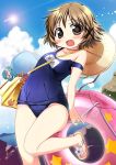  blush brown_eyes brown_hair hat hidamari_sketch innertube nagayama_yuunon sandals school_swimsuit short_hair smile strap_slip straw_hat swimsuit ume-sensei yuno 