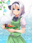  bad_id basket blue_eyes blush bow carrying cucumber eggplant flower hair_ribbon konpaku_youmu konpaku_youmu_(ghost) looking_at_viewer odangoya puffy_sleeves ribbon shirt short_hair short_sleeves silver_hair skirt skirt_set smile solo tomato touhou vest 