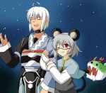  1girl ahoge anger_vein animal_ears be_(o-hoho) bespectacled biting blush bow capelet choker closed_eyes eyes_closed glasses highres horns jealous long_sleeves morichika_rinnosuke mouse_ears mouse_tail nazrin night open_mouth red_eyes silver_hair sukusuku_hakutaku tail tongue touhou wide_sleeves 