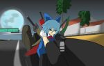  advent_cirno blue_eyes blue_hair bow cirno full_moon grand_theft_auto hair_bow long_sleeves moon motor_vehicle motorcycle puffy_sleeves road short_sleeves solo sword touhou toys_(pixiv) tree vehicle weapon 