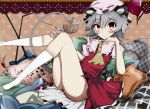  1girl animal_ears cyokoko flandre_scarlet_(cosplay) furby grey_hair hair_ornament hat mouse_ears mouse_tail nazrin pillow red_eyes short_hair smile solo tail touhou 