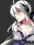  bow breasts caffein cleavage hair_bow headphones lips long_hair looking_away necktie open_mouth ponytail red_eyes silver_hair simple_background solo vocaloid yowane_haku 