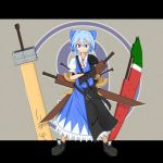  adapted_costume advent_cirno blue_eyes blue_hair bow cirno crossed_arms hair_bow long_sleeves puffy_sleeves short_hair short_sleeves smile solo standing sword touhou viki00 weapon 