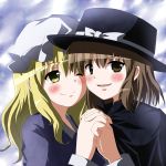  blonde_hair brown_eyes brown_hair bust cloak hat interlocked_fingers ki-51 long_hair maribel_hearn multiple_girls short_hair smile touhou usami_renko yellow_eyes 