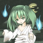  breasts bucket cleavage collarbone green_eyes green_hair in_bucket in_container kisume long_sleeves open_mouth solo touhou twintails wide_sleeves 