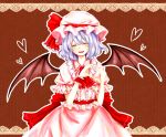  ascot bat_wings blue_hair blush bow closed_eyes eyes_closed frills hat hat_bow heart maru_usagi open_mouth puffy_sleeves remilia_scarlet short_hair short_sleeves solo touhou wings 