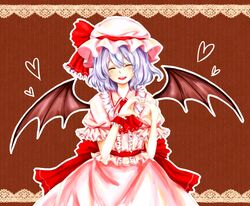  ascot bat_wings blue_hair blush bow closed_eyes eyes_closed frills hat hat_bow heart maru_usagi open_mouth puffy_sleeves remilia_scarlet short_hair short_sleeves solo touhou wings 