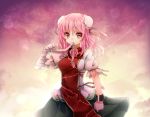  bandage bandages double_bun highres ibara_kasen ibaraki_kasen kanzaki_maguro mouth_hold pink_eyes pink_hair shackle short_hair solo tabard touhou 