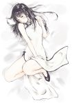  black_hair blush china_dress chinese_clothes iro_(waterloafer) long_hair looking_at_viewer lying monochrome on_back original single_shoe solo 