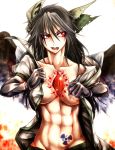  abs black_hair black_wings bow cape collarbone gloves hair_bow long_hair muscle navel open_mouth radiation_symbol red_eyes reiuji_utsuho ryuuichi_(f_dragon) solo tattoo third_eye touhou white_background wings 