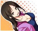 breasts brown_eyes brown_hair cleavage down_blouse dutch_angle from_above halftone halftone_background hirase_yuu hooded_jacket idolmaster idolmaster_cinderella_girls idolmaster_dearly_stars large_breasts long_hair mukai_takumi open_mouth solo 