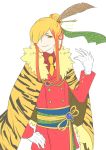  1boy androgynous arm_up blonde_hair cape eyelashes eyeliner feathers flower fur_trim gloves hair_bun hair_feathers hair_ornament hair_over_one_eye hair_stick hand_on_hip hatoful_kareshi hips looking_at_viewer makeup male moa810 multicolored_hair necktie nishikikouji_tohri official_art orange_hair personification sash simple_background smile smug solo white_background white_gloves yellow_eyes 