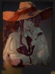  1girl blouse blurry blurry_foreground border bow candle copyright_request depth_of_field grey_border hand_up hat hat_bow highres long_hair long_sleeves looking_at_viewer neck_ribbon orange_headwear red_bow red_eyes red_ribbon redhead ribbon sankomichi solo white_blouse witch_hat 