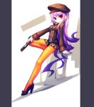  earrings gun handgun hat high_heels jewelry legs long_hair orange_legwear original pantyhose pistol purple_hair red_eyes shoes sitting skirt solo very_long_hair weapon yellow_legwear 