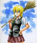  alternate_costume blonde_hair blue_eyes braid broom casual contemporary grin hand_on_hip kirisame_marisa pageratta skirt smile solo touhou traditional_media vest watercolor_(medium) 