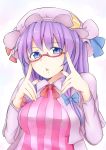  1girl absurdres bespectacled blue_eyes bow capelet crescent dress glasses gradient gradient_background hair_bow hair_ornament hat highres long_hair long_sleeves looking_at_viewer mob_cap nanabe open_mouth patchouli_knowledge purple_hair red-framed_glasses ribbon solo striped striped_dress touhou upper_body vest 
