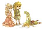  black_eyes blonde_hair dual_persona elbow_gloves ezlo gloves hat link long_hair lowres minish_cap nintendo pointy_ears princess_zelda shield smile the_legend_of_zelda 