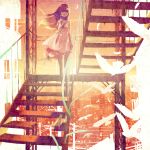  bird brown_eyes brown_hair cityscape dress feathers hat highres holding holding_hat long_hair monochrome original red red_sky solo spot_color stairs standing vofan wind 