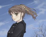  brown_hair coat light_smile original ponytail sky solo toggles winter you2 