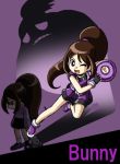  brown_hair bunny-z bunny_(ppg) disk doll dual_persona fingerless_gloves gloves open_mouth ponytail powerpuff_girls_z purple shadow smile solo violet_eyes wink young 