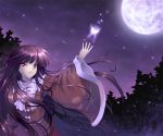  brown_hair butterfly forest full_moon glowing houraisan_kaguya long_hair mauve moon nature night night_sky outstretched_arm red_eyes sky solo tears touhou tree very_long_hair wind 