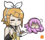  bare_shoulders blush_stickers chibi detached_sleeves eating hair_ornament hair_ribbon hairclip headset kagamine_rin megurine_luka nagian open_mouth ribbon takoluka takoyaki tentacles vocaloid 