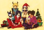  3boys :&lt; beard black_eyes black_hair blonde_hair blue_eyes blue_hair christmas christmas_tree dog facial_hair flynn_scifo gift gloves go_(uzo-muzo) horns judith long_hair midriff multiple_boys pointy_ears ponytail purple_eyes raven repede santa_costume smile tales_of_(series) tales_of_vesperia violet_eyes yuri_lowell 