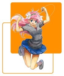  blue_eyes casual digital_media_player earbuds earphones flower galaxy_angel hoodie ipod jumping long_hair milfeulle_sakuraba nyama pink_hair 