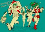  antlers bikini_top boots cake cape chasing chef chef_hat christmas cleaver darry_adai dual_wielding food fork gimmy green_hair hat kamina looking_back oversized_limbs pastry plate pointing reindeer_costume rossiu run_away running sack sandals santa_costume santa_hat simon spot_color tengen_toppa_gurren_lagann viral watermark yoko_littner yoko_ritona 