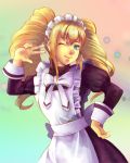  apron blonde_hair blue_eyes dance_dance_revolution drill_hair hand_on_hip maid maid_headdress ribbon solo taka_(sanoujo358) twin_drills v wink wrist_cuffs yuni yuni_(dance_dance_revolution) 