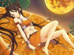  aki_(nastumegu) arancia bare_shoulders barefoot brown_eyes brown_hair feet food fruit hands legs long_hair lying midriff moon night on_back orange orange_(color) orange_eyes original smile solo star twintails very_long_hair wrist_cuffs 