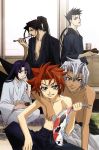  5boys blue_hair brown_eyes brown_hair fish hijitaka_toshizo kimono long_hair male okita_souji peace_maker_kurogane red_eyes redhead samurai tetsunosuke_ichimura white_hair yamazaki_susumu 