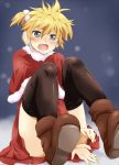  1boy bad_id blonde_hair blue_eyes blush boots capelet christmas crossdressing crossdressinging fang headset kagamine_len male mantelet maruki_(punchiki) nail_polish open_mouth shota side_ponytail solo tears thigh-highs thighhighs trap vocaloid 