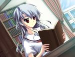  bad_id blue_hair book bookshelf highres library original reading red_eyes school_uniform solo window 