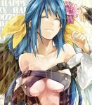  asymmetrical_wings bad_id bare_shoulders blue_hair bow breasts center_opening closed_eyes detached_sleeves dizzy flower guilty_gear hair_bow hair_flower hair_ornament happy large_breasts long_hair maka_(morphine) ribbon smile underboob wings 