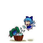  bucket chibi cirno girl_in_bucket green_hair hair_bobbles hair_ornament ice in_bucket in_container kisume multiple_girls ribbon short_hair simple_background socha touhou twintails wings |_| 