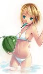  1girl bikini blonde_hair breasts food fruit green_eyes highres holding holding_fruit kagamine_rin lino-lin mouth_hold popsicle short_hair sideboob solo swimsuit underboob vocaloid wading water watermelon 