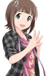  bangs blunt_bangs bow brown_hair casual green_eyes hair_bow idolmaster issei jacket jewelry open_mouth pendant plaid short_hair smile steepled_fingers 